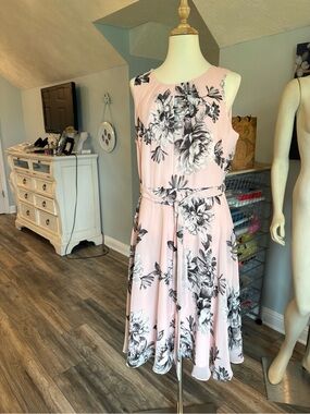 Jessica Howard Pink Floral Midi Dress with Waist Tie sz12